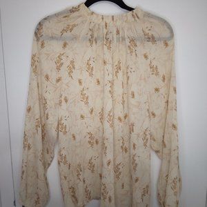 Grade & Gather Cream Gold Floral Sheer High Neck Long Sleeve Blouse - Size L